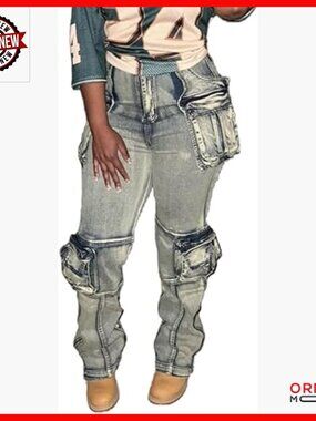 Stretch Cargo Jeans Straight Leg Side Zipper Slit Denim Pants with Pockets